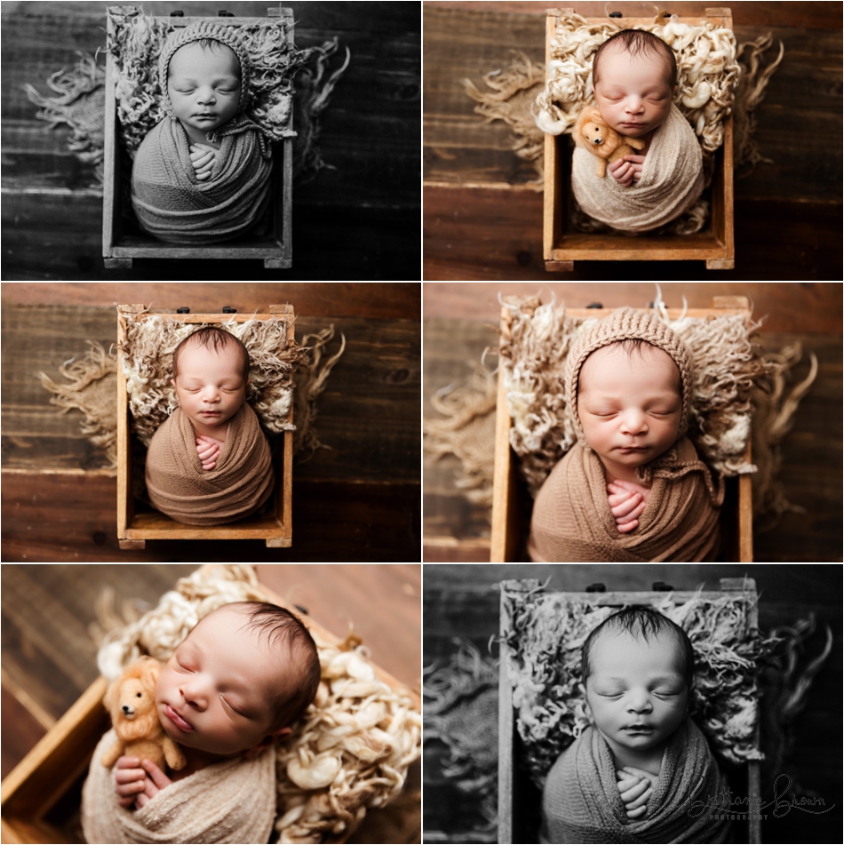 Sweet baby Phoenix lying on soft studio layers, capturing his newborn pictures.