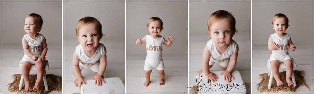 Bennett wearing a “one” outfit on a white backdrop, making funny faces during his birthday session.