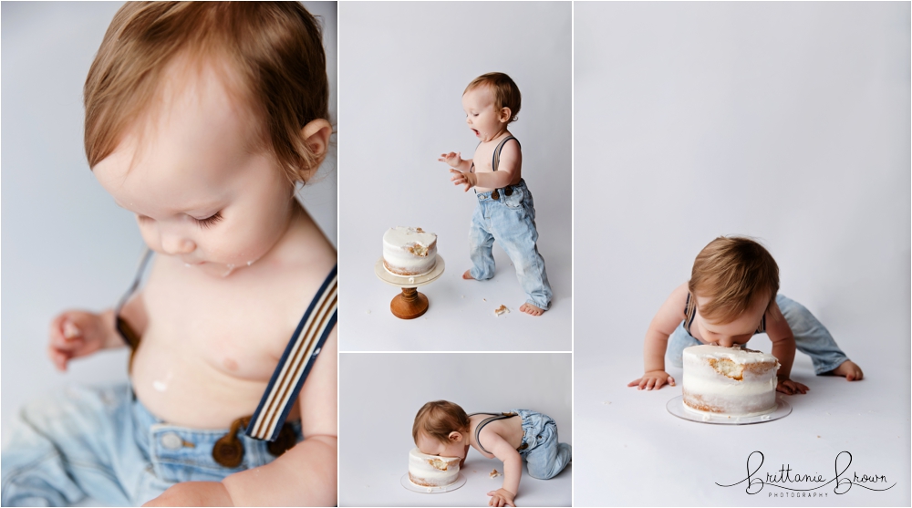 Birthday boy standing up and crawling all the ways to enjoy your first birthday cake.