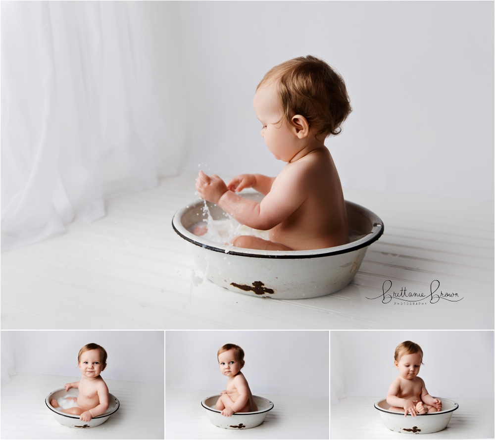 utifully styled milk bath with greenery, wrapping up Bennett’s one-year session.