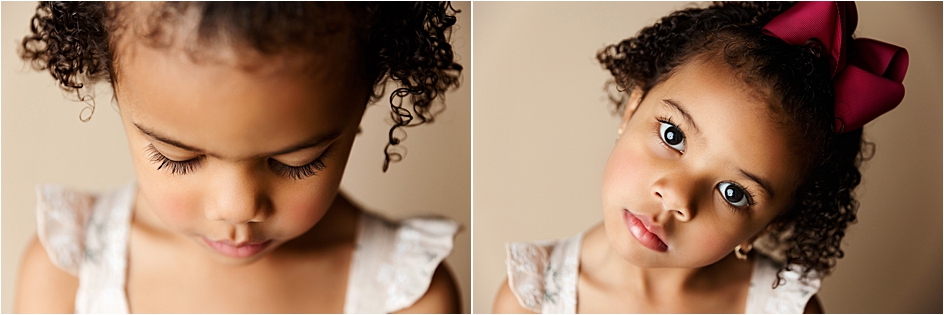 Creative portrait of a 5-year-old girl in a vibrant dress, captured with soft natural light in the Georgetown, KY studio.