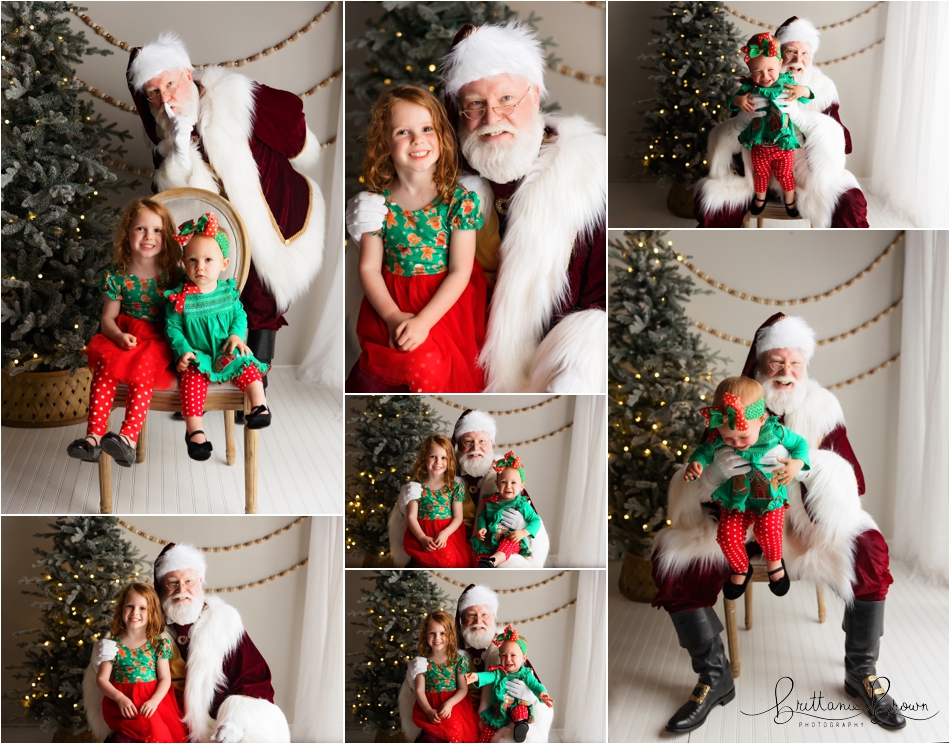 A family sharing a laugh with Santa in the studio.