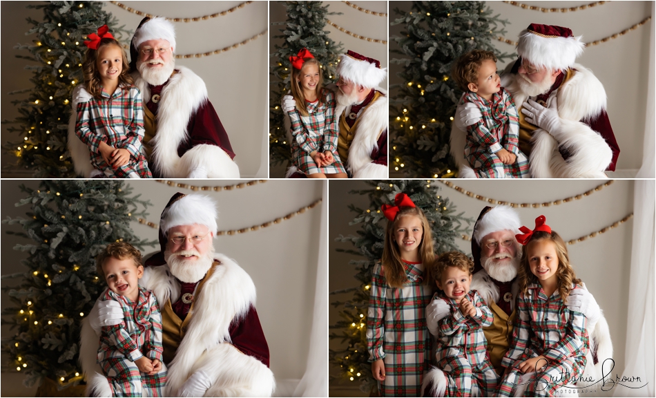 A festive, cozy portrait of Santa by the Christmas tree.