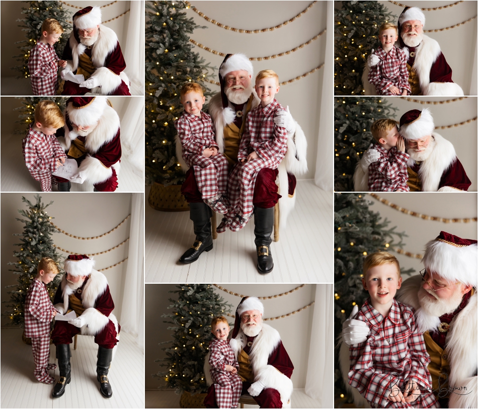 Siblings sitting on santas lab next to a Christmas Tree.