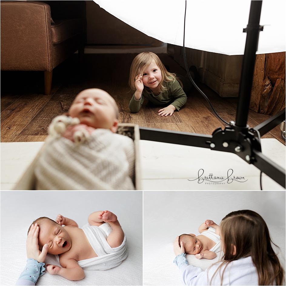 Behind the scenes of siblings with their newborn brother.