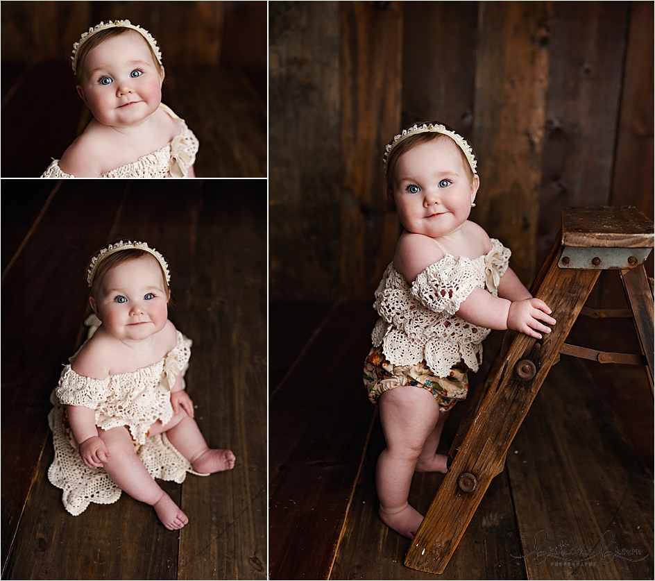 9 month old standing and sitting in a beautiful outfit provided by the studio.