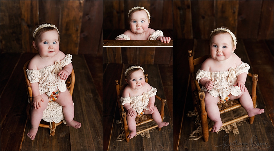 Baby photoshoot baby sitting in vintage chair at Georgetown, KY studio 9-month mini session