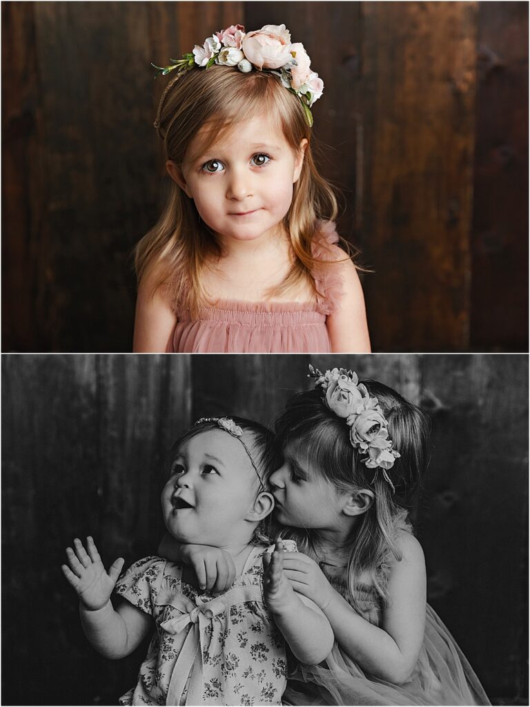 One year photoshoot Lexington KY sibling and big sister pictures on a dark background.