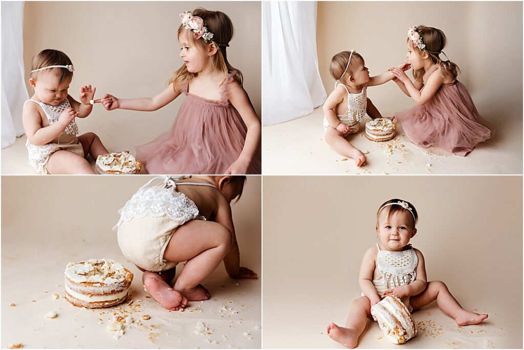 Big sister Claire feeding Bryce cake during her cake smash session