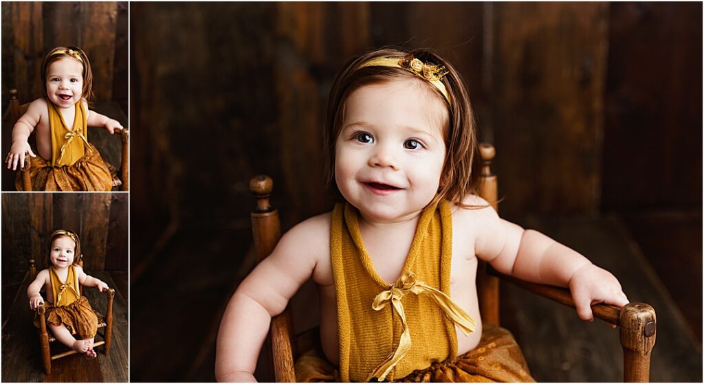 Georgetown, KY cake smash photographer baby girl on dark wood.
