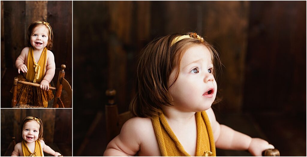 Baby girl on dark wood for her one year pictures in Georgetown, KY