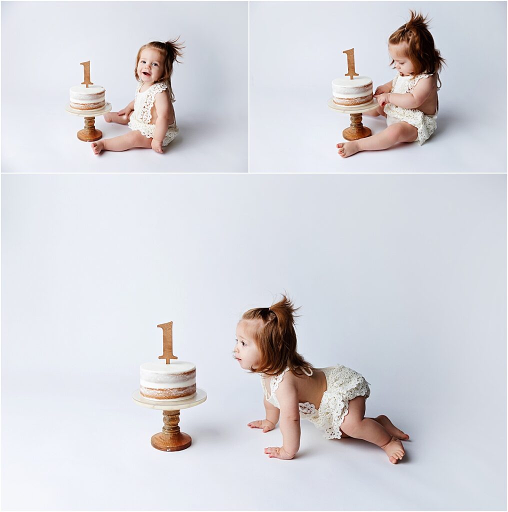Baby Cecilia happily enjoying her first birthday cake smash session in Georgetown, KY."