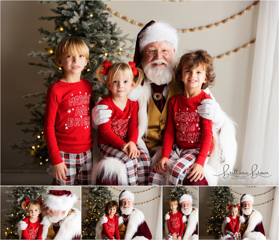 A sibling duo giggling with Santa.