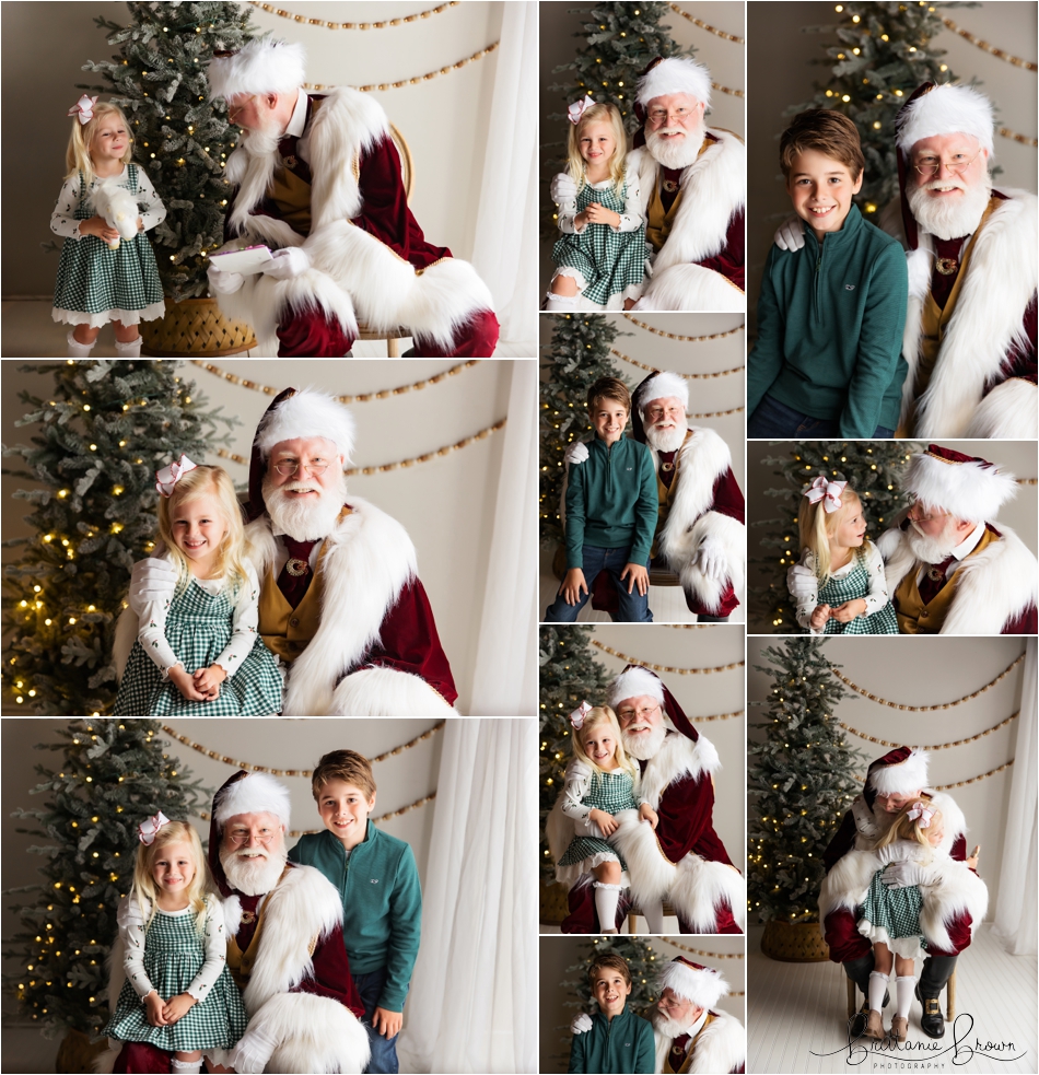 Siblings sitting on santas lab next to a Christmas Tree.