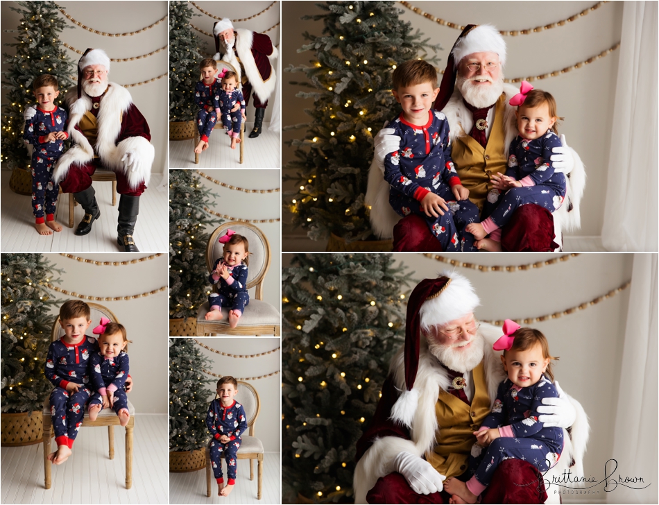 A sibling duo giggling with Santa.