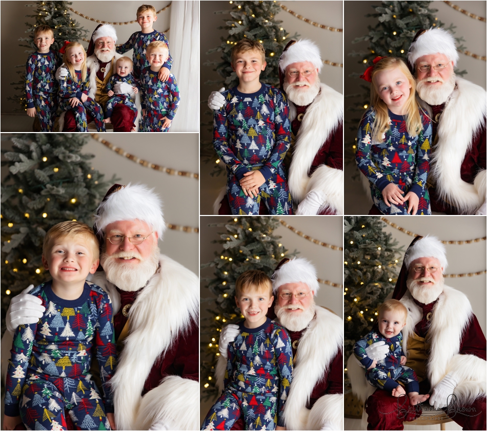 A festive, cozy portrait of Santa by the Christmas tree.