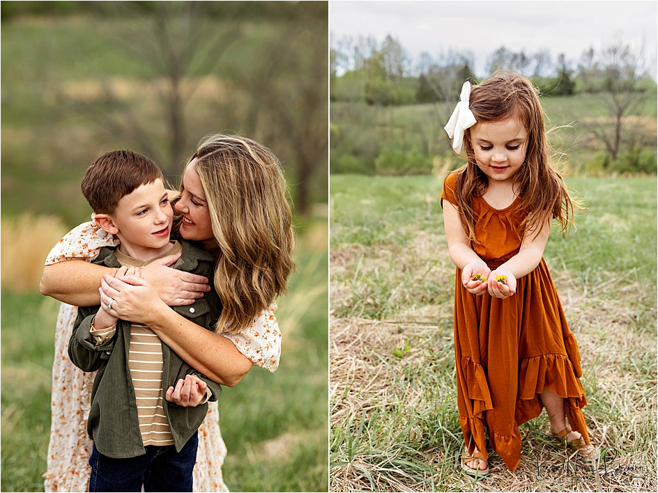 Mom and son and daughter showing the photographer her yellow flowers (weeds) she picked while taking pictures in a field in Georgetown, KY.