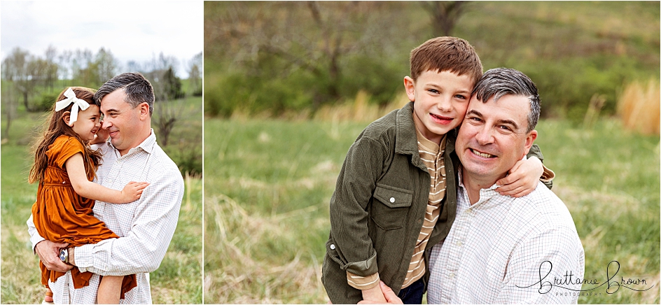 Dad holding his preschool daughter and hugs with his son in a field during an outdoor family session in Georgetown, KY.