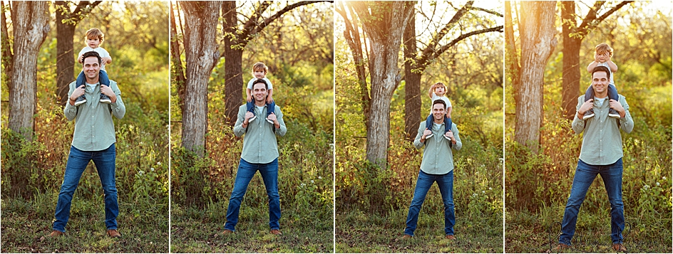 Little toddler boy on dad's shoulders with beautiful golden light.