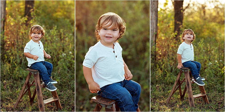 Sweet toddler boy on a ladder at golden hour in Kentucky.