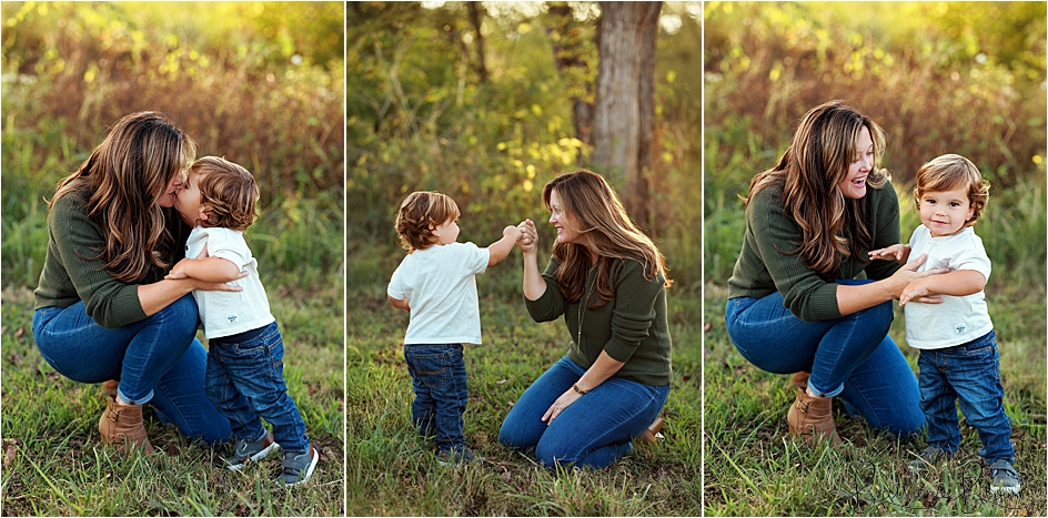 Little boy gives mom fist bump during family photoshoot.
