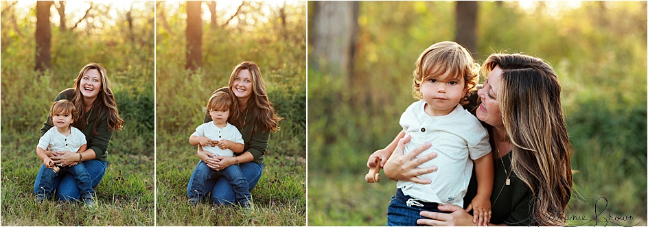 Mom and son snuggle for outdoor sunset family pictures in Kentucky.