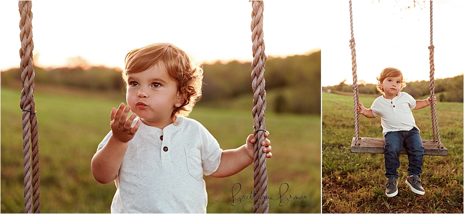 Toddler boy on outdoor tree swing at sunset in Georgetown, KY.