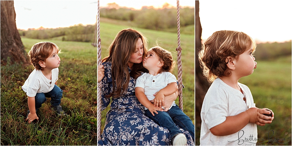 Toddler boy on outdoor tree swing at sunset in Georgetown, KY.
