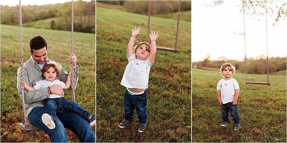 Toddler boy on outdoor tree swing at sunset in Georgetown, KY.
