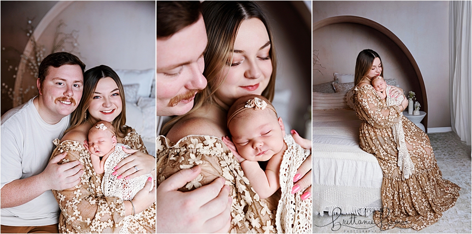 Mom wearing a client closet dress holding her newborn baby