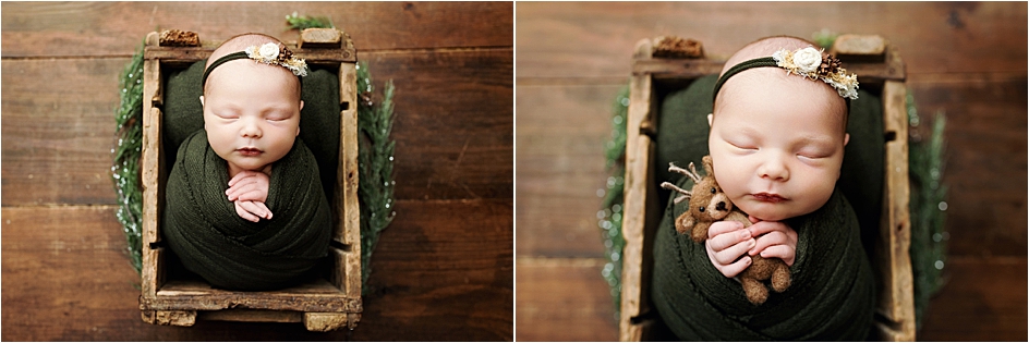 Newborn photography, baby in a box surrounded by Christmas